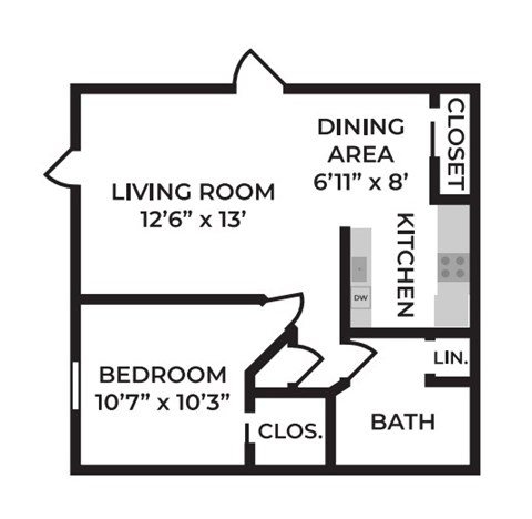 Floor plan for 1 bed, 1 bath, 650 sqft